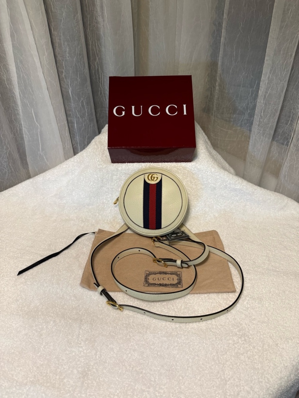 Gucci Cream Leather Round Backpack with Red and Blue Web Stripe
